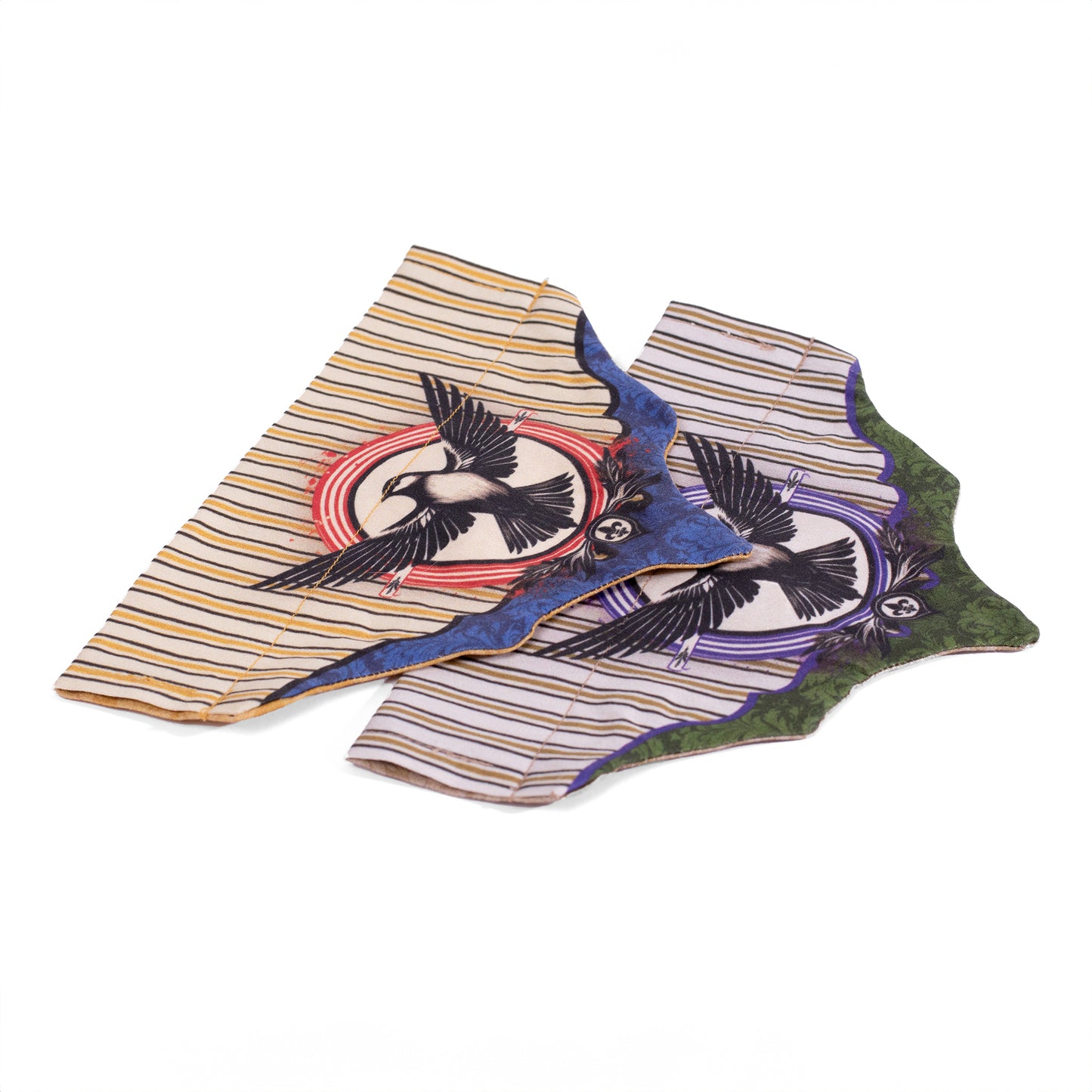 two of the same striped dog or cat bandanas  with a bird emblem in two different color choices of either gold, red and blue or purple, ivory and green