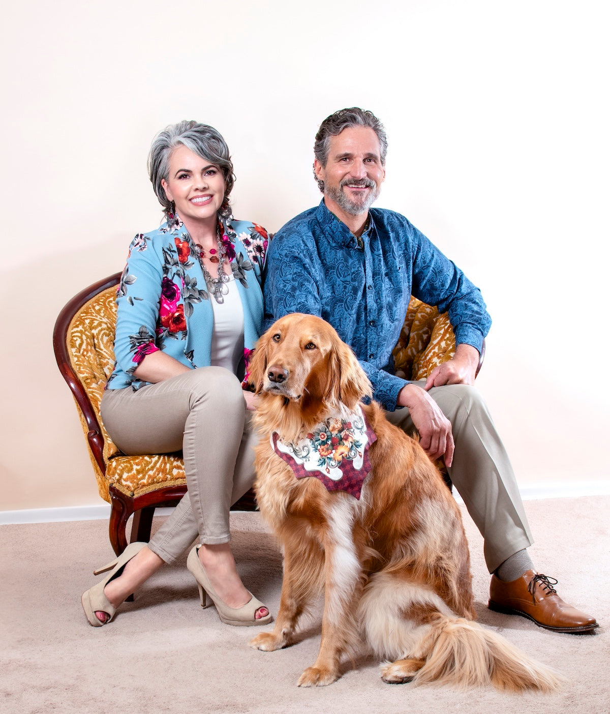 Owners Jenna and Craig of Koosa Karis with their dog Karis who is wearing the Berryvine dog bandana