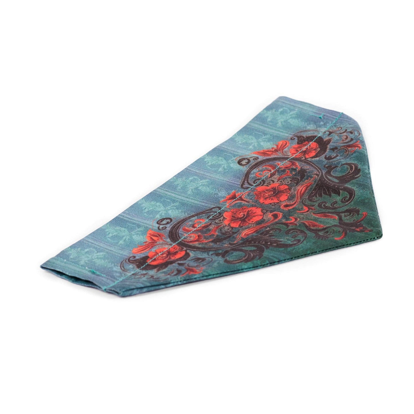 Turquoise colored slide-on cat or dog bandana with an orange floral paisley pattern 