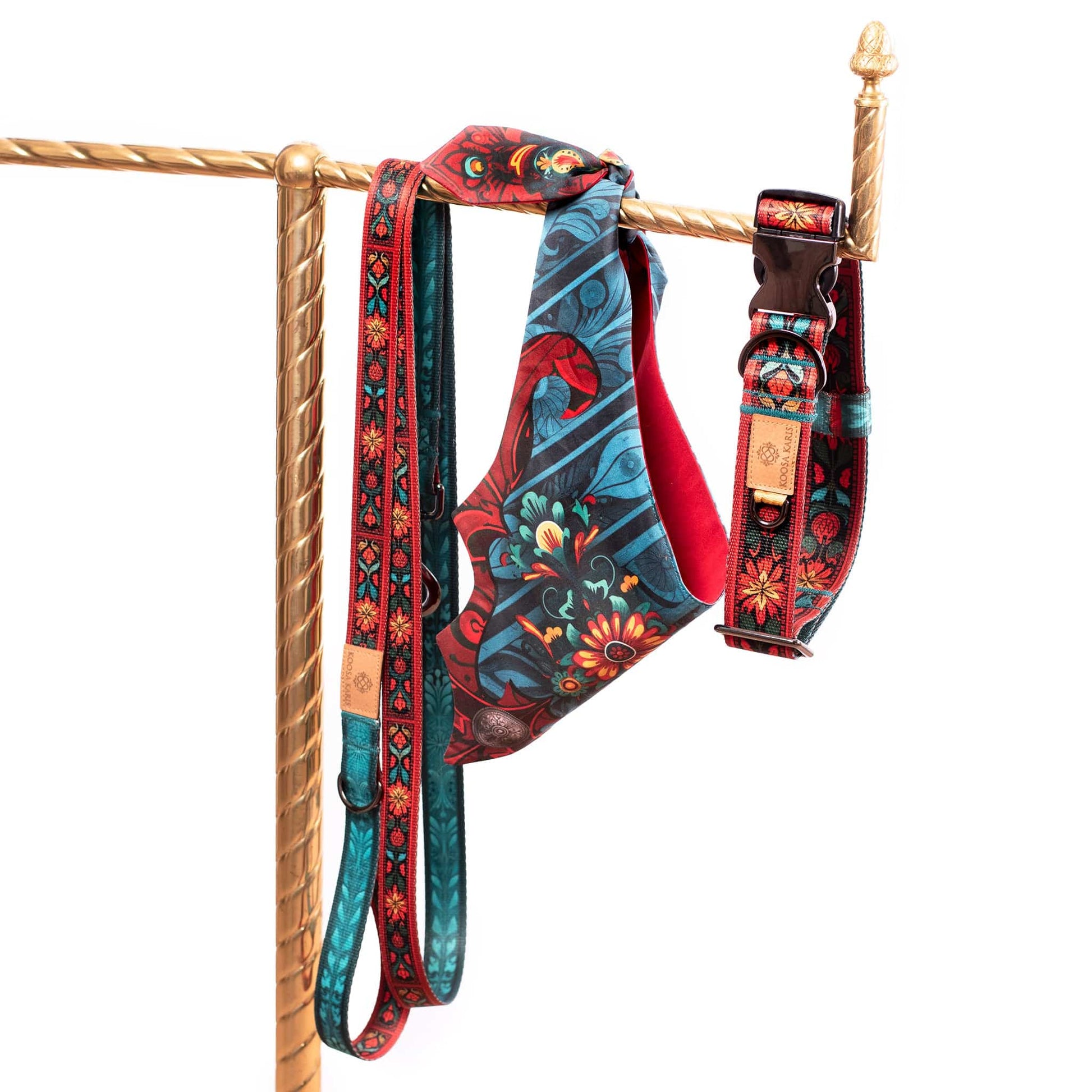 Red dog collar, leash and bandana set with a southwestern floral pattern 