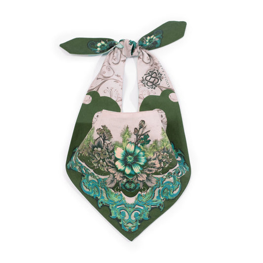 ivory dog bandana with a jade green and teal paisley floral design