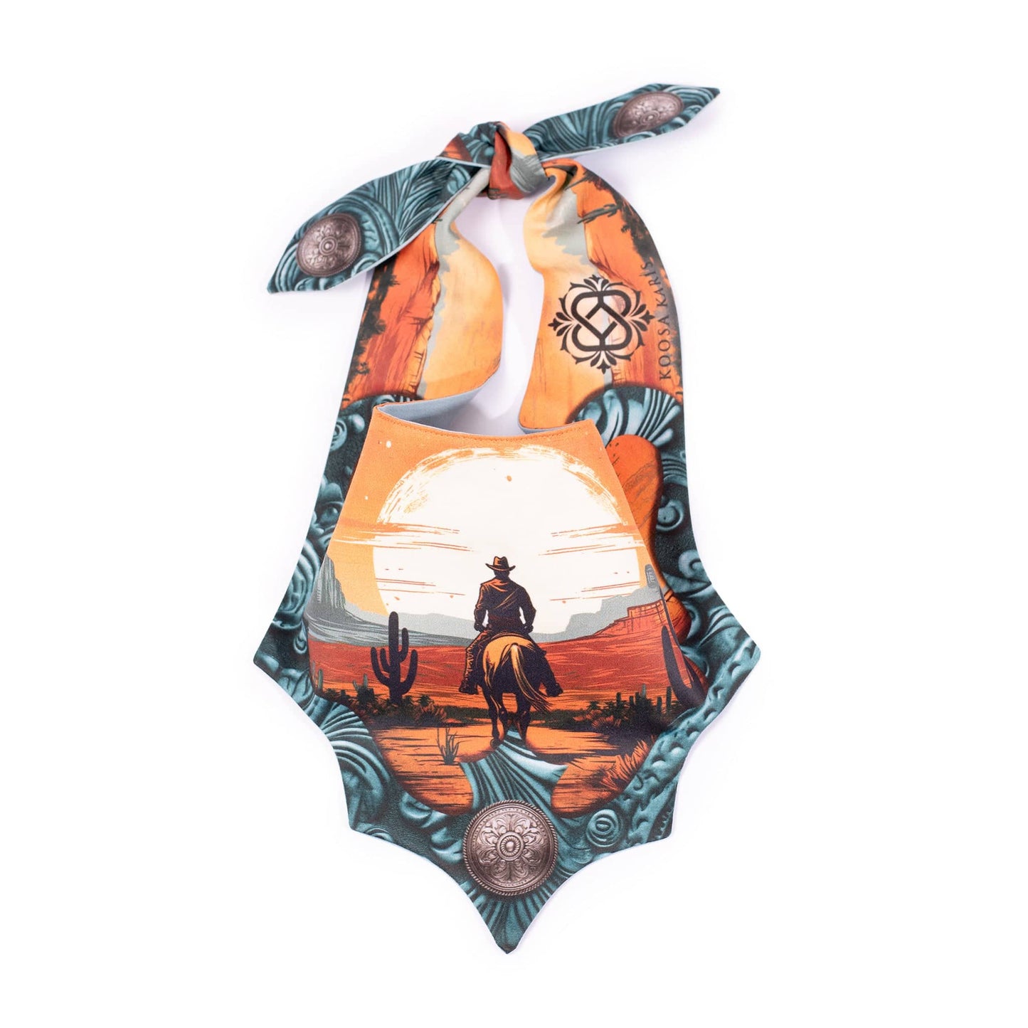 Turquoise colored western style dog bandana with a cowboy riding horse into the sunset