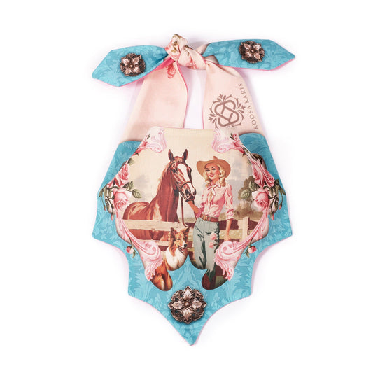 Ivory and turquoise dog bandana with pink roses and a cowgirl with her horse and dog 