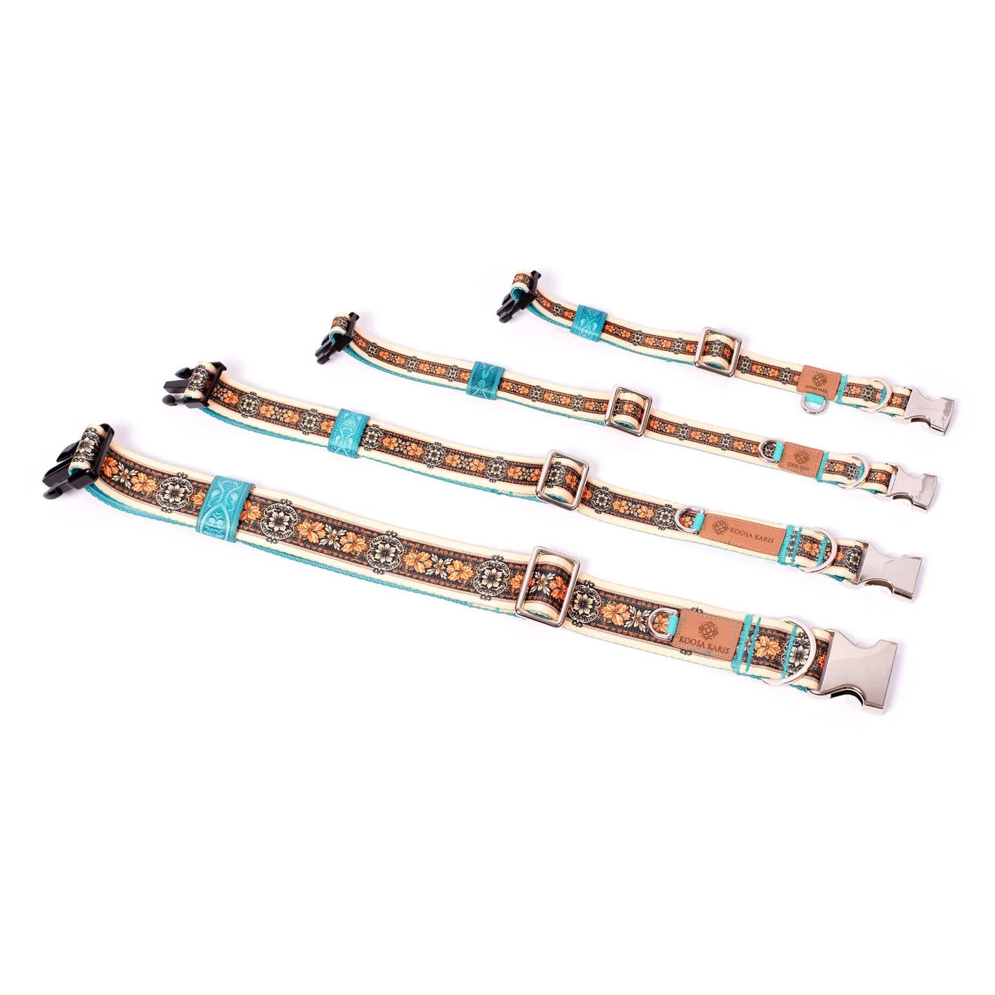 Ivory and turquoise colored dog collars with silver-toned hardware and a gold and black western floral design