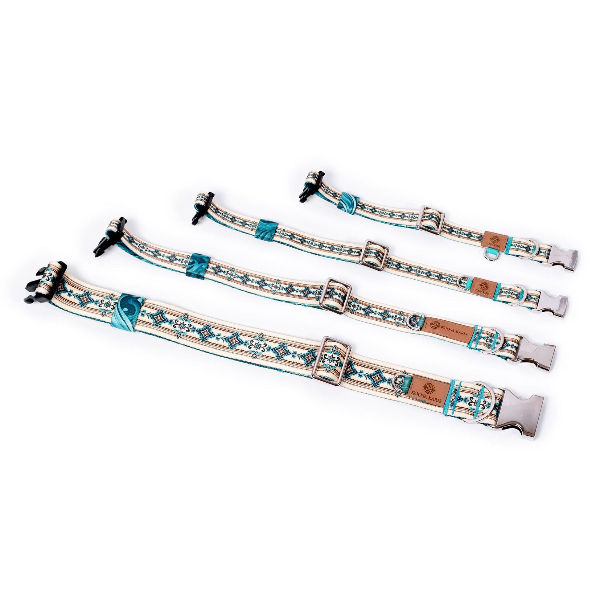 Ivory dog collars with a turquoise western diamond pattern and silver-toned hardware