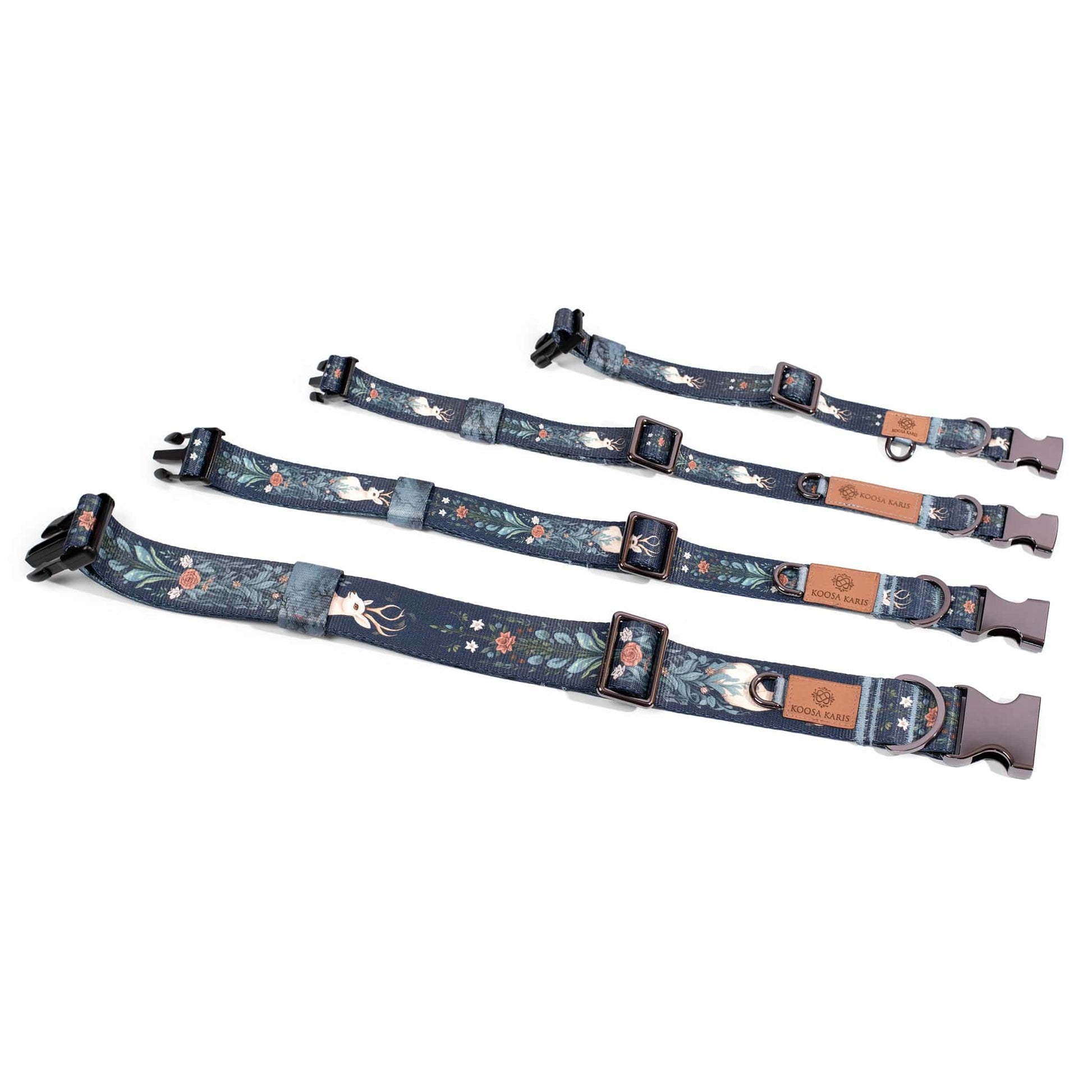 Navy blue dog collars with gunmetal-toned hardware and a white dear and floral pattern