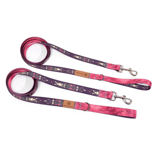 Purple and pink dog leashes with white bunnies and a floral pattern